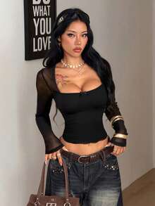 Coolane 女士冬季街头风派对复古别致蕾丝弹力黑色方领长袖上衣 - 黑色 - 查看 5