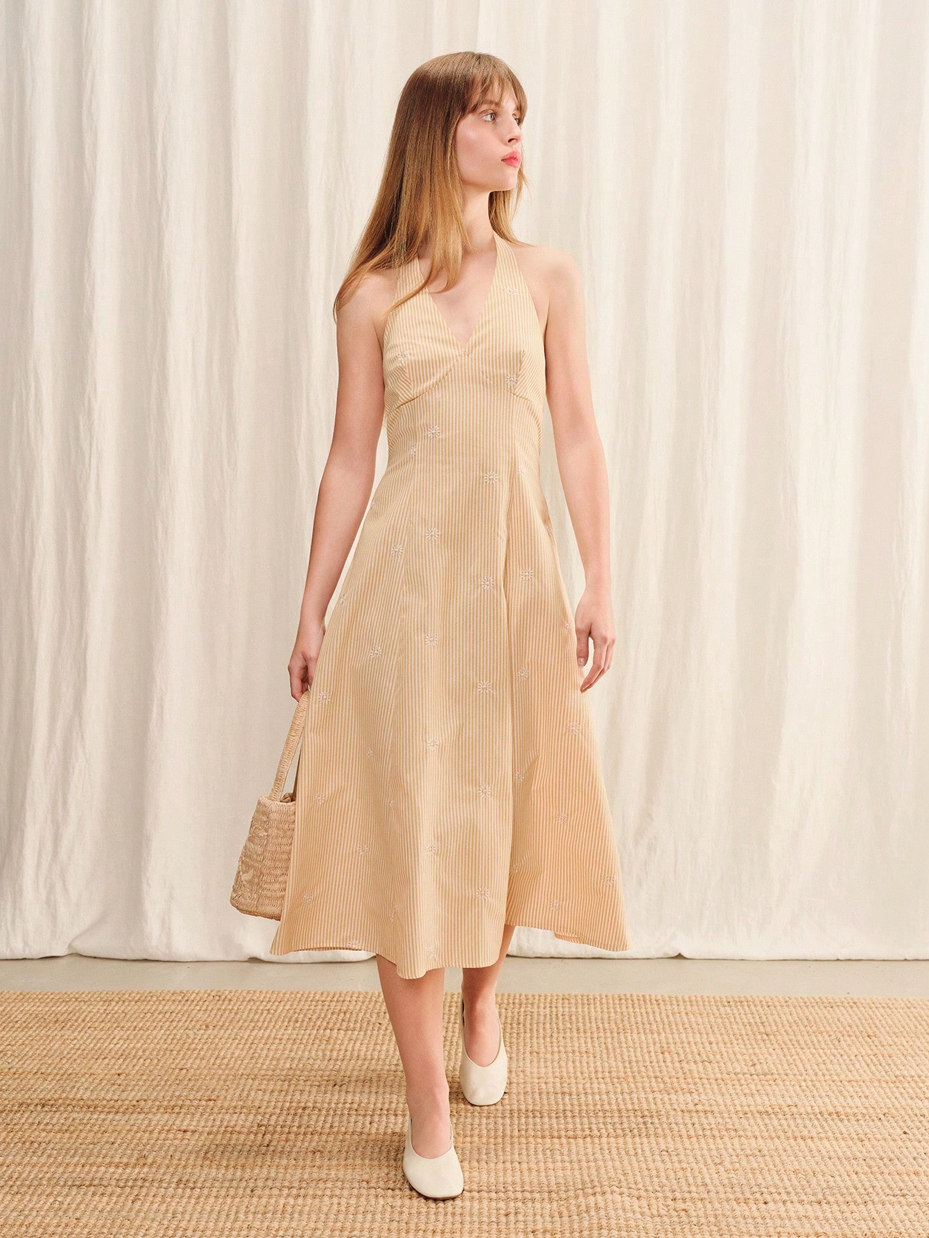 Yellow Stripe Halter Neck Midi Dress Fitted Spring Summer Casual Holiday Dress Cute Evening Dress Going Out Dress French Style Dress