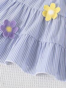 Elladie kids 女童夏季清新蓝白条纹荷叶边A字蛋糕裙，饰有钩编3D花朵，甜美活泼，适合休闲、生日派对、度假等场合。 - 藍白色 - 查看 6