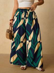 Travachic Plus Size Casual Vacation Floral Print Wide Leg Pants - Multicolor - View 6