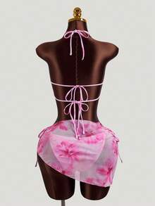 Zestiva Women's Summer Vacation Beach Romantic Floral Print Halter Bikini Set Set With Cover-Up And Skirt - Pink - View 2