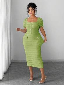 Elenzga Plus Size Women's New Elegant Square Neck Short Sleeve Textured Knit Midi Bodycon Dress - Green - View 6