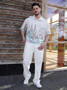 LEOGASHI LEOGASHI 男士休闲涂鸦印花宽松短款衬衫，春季款 - 白色 - 查看 5