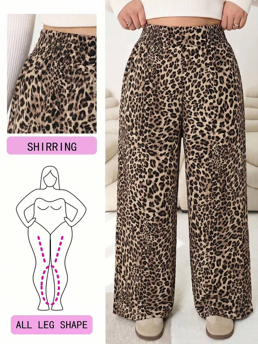 Solflare Pantalones anchos de uso diario versátiles y casuales con estampado de leopardo para mujer de talla grande - Marrón - Ver 1