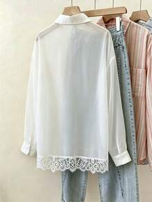 INAWLY Fashionable Minimalist Solid Color Casual Sexy Lightweight Sheer Chiffon Fabric Ruffle Hem Design Long Sleeve Loose Blouse For Women Autumn Golf White - White - View 2