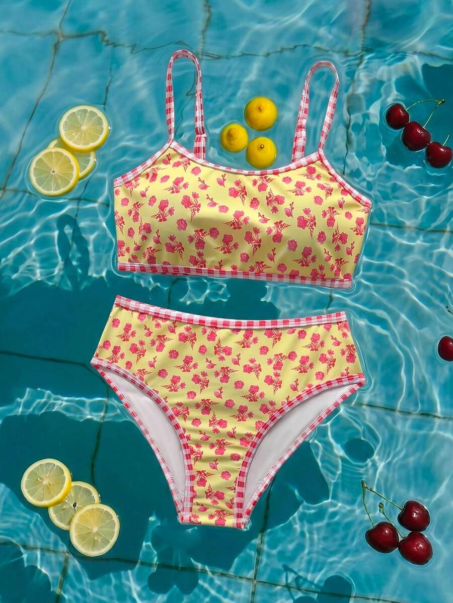 SHEIN Bộ bikini cho bé gái tuổi teen, mẫu mới mùa hè, 2 mảnh, họa tiết hoa và kẻ caro ngẫu nhiên, áo và quần bikini tam giác buộc dây cổ, đồ bơi đi biển. - Nhiều màu - Xem 1