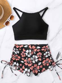 Swim Lushoire Bộ Bikini 2 Mảnh In Hoa Ngẫu Nhiên Đi Biển Mùa Hè Áo Cami & Quần Short Dây Rút - màu đen - Xem 3
