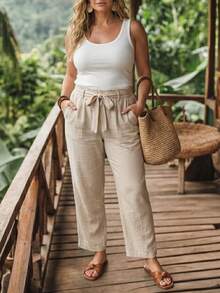 SHEIN LUNE CURVE Plus Size Woven Casual Straight-Leg Autumn Women's Pants Vacation Beige - Apricot - View 6