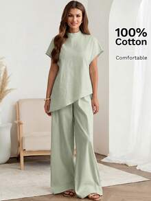 Easowa Bộ đồ nữ 2 mảnh màu mơ, chất liệu 100% cotton, dáng rộng, gồm áo sơ mi cổ đứng tay ngắn cánh dơi vạt bất đối xứng và quần dài, kiểu dáng thanh lịch, phù hợp cho công sở, đi làm và mặc thường ngày, thích hợp cho mùa xuân/hè. - màu xanh lá - Xem 6