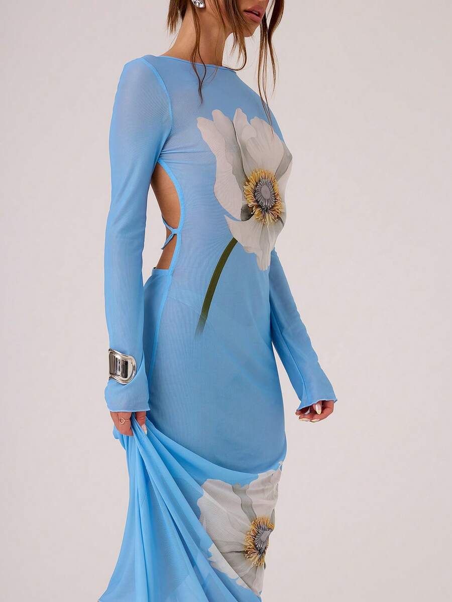 MUSERA Đầm maxi hở lưng in hoa lưới, thích hợp cho kỳ nghỉ hè, tiệc cưới màu pastel, đầm xuyên thấu dự tiệc cưới, kỳ nghỉ biển, tiệc cưới thanh lịch, hẹn hò đêm, trang phục mùa thu hè, đầm dài. - Màu xanh lam - Xem 1