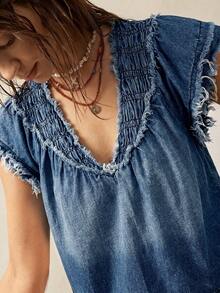Bohemela Casual Boho Solid Color Woven Denim Loose V-Neck Blouse For Women Vacation Blue Summer Vacation - Blue - View 2