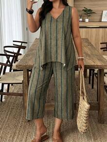 Weeklong Plus Size Women's V-Neck Sleeveless Irregular Hem Top And Straight Leg Pants Striped Print 2-Piece Set, Casual Vacation Wear Spring/Summer - Multicolor - View 1