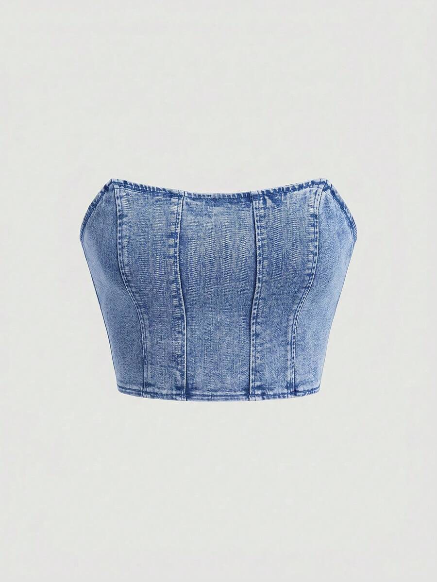 SHEIN MOD 拉链后背抹胸牛仔夏季束身胸衣 - 淺色水洗藍 - 查看 1