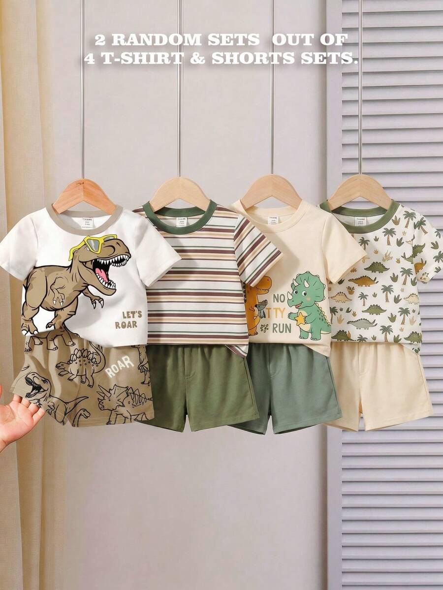 Baby Boy Dinosaur Print Round Neck Short Sleeve T-Shirt And Shorts Set, Casual Minimalist, Suitable For Spring/Summer - Multicolor - View 1