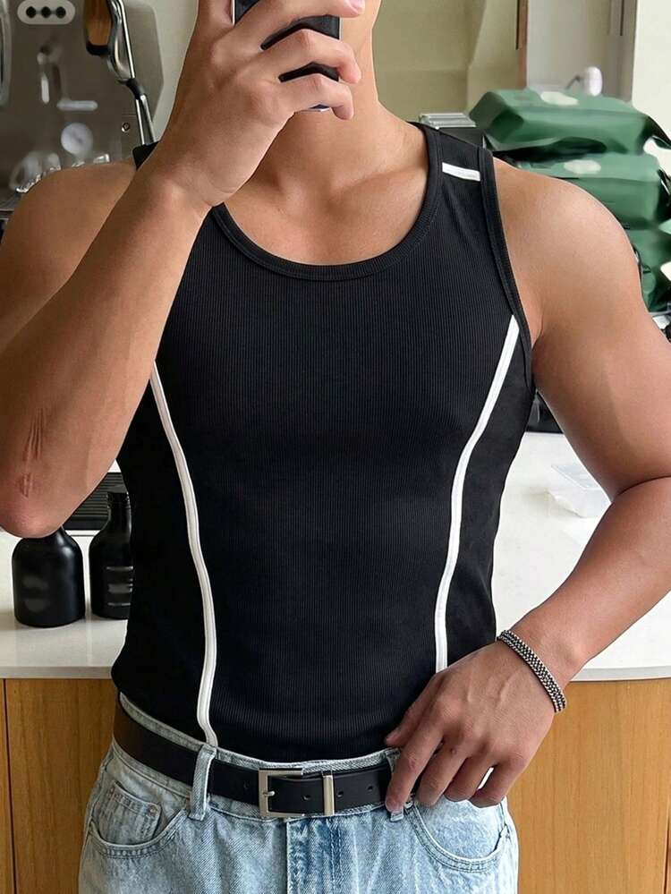 Black & White Striped Patchwork Slim Fit Men's Tank Top