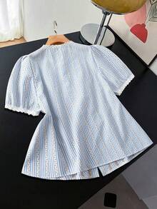 Flirla Plus Size Plaid Embroidered Contrast Ruffle Puff Sleeve Shirt - Blue - View 2
