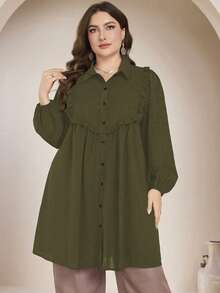Graceveil Casual Solid Color Long Sleeve Loose Regular Fit Shirt, Plus Size, Spring/Autumn Fall - Army Green - View 6