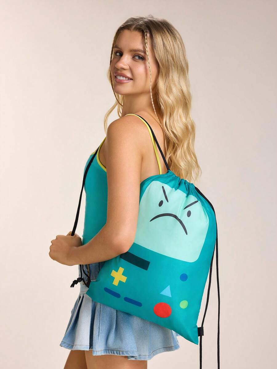 ADVENTURE TIME X SHEIN 1pc Cute Cartoon Character Printed Drawstring Backpack, Shoulder Strap Length Adjustable, Suitable For Students, Men, Women, Suitable For Outdoor Hiking, Trekking, Commuting, Adventure, BOM - Deep lake blue - View 1