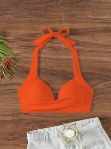 Swim Basics Solid Color Crossed Wrap Halter Bikini Top For Summer Beach Vacation - Orange - View 4