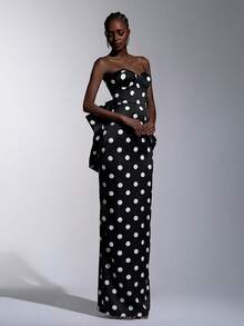 Elitara Elegant Luxurious Polka Dot Digital Print Satin Handmade Big Bow Decor Strapless Straight Dress, Reference For Women's Formal Evening Gown - Black and White - View 6