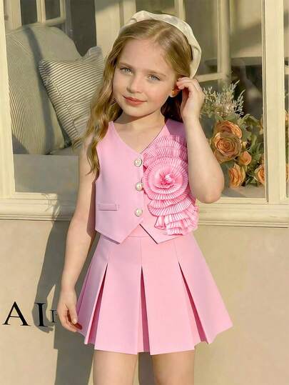 SHEIN Elladie kids Young Girls' Sweet Pink Sleeveless Pearl Button Vest + Bowknot Pleated Skirt 2-Piece Set, Elegant Casual Summer Outfit