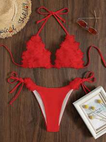 Swim SXY 2件組紅色花卉3D花朵比基尼泳衣，優雅度假海灘休閒穿搭，春/夏季 - 紅色 - 查看 6