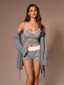 Lazeform Women's Pleated Front V-Neck Camisole And Wide Waistband Shorts Pajama Set - Multicolor - View 3