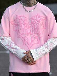 Devon Thys 男士街头风格流行 INS 搭配天使丘比特印花刺绣心形 T 恤，户外音乐节、夜总会酒吧、男朋友/丈夫礼物、周年纪念礼物、二合一 T 恤、粉色图案 T 恤、粉色街头服饰、粉色 Y2k 衬衫、2000 年代风格 - 彩色 - 查看 3