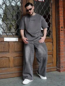 LEOGASHI LEOGASHI Men's Black Loose Fit Wide Leg Casual Jeans Baggy Jeans Men Wide Leg - Light Grey - View 1