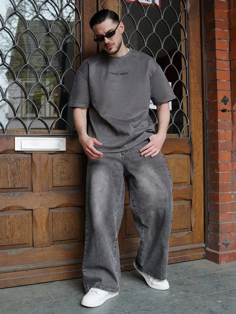 LEOGASHI LEOGASHI Men's Black Loose Fit Wide Leg Casual Jeans Baggy Jeans Men Wide Leg - Light Grey - View 1