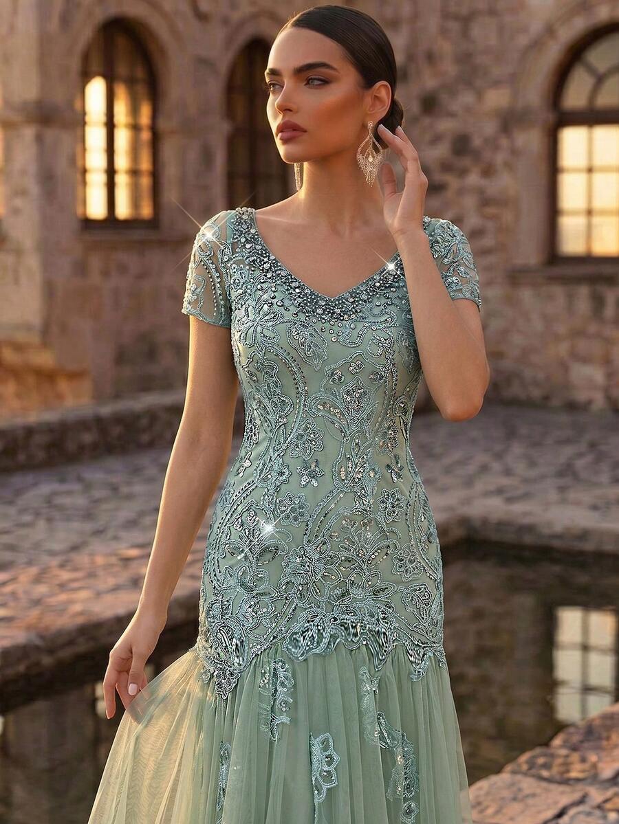 Serin Solid Color V-Neck Sequin Patchwork Elegant Short Sleeve Mermaid Maxi Dress, Bridal Mother Gown - Green - View 1
