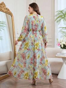 Modelyn Vestido largo de gasa con estampado floral de manga larga y corte evasé, talla grande, primavera/verano - Multicolor - Ver 2
