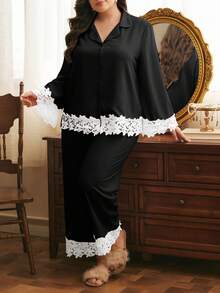 Côtesoire Conjunto de pijama de cárdigan con volantes de talla grande, elegante estilo del sur de Francia - Negro - Ver 6