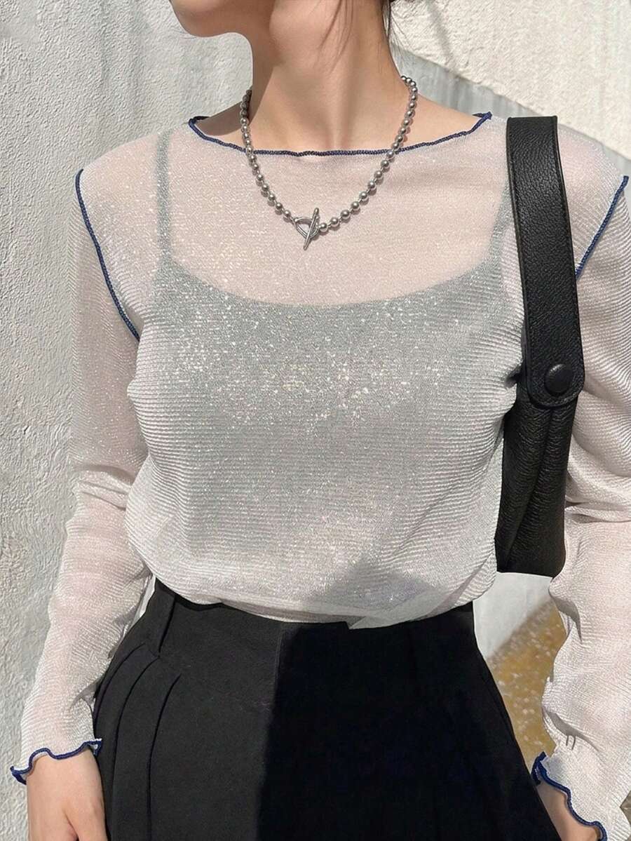FRIFUL 女款網紗高領透視上衣,秋季夜店外穿疊穿款,白色銀色性感長袖 - 白色 - 查看 1