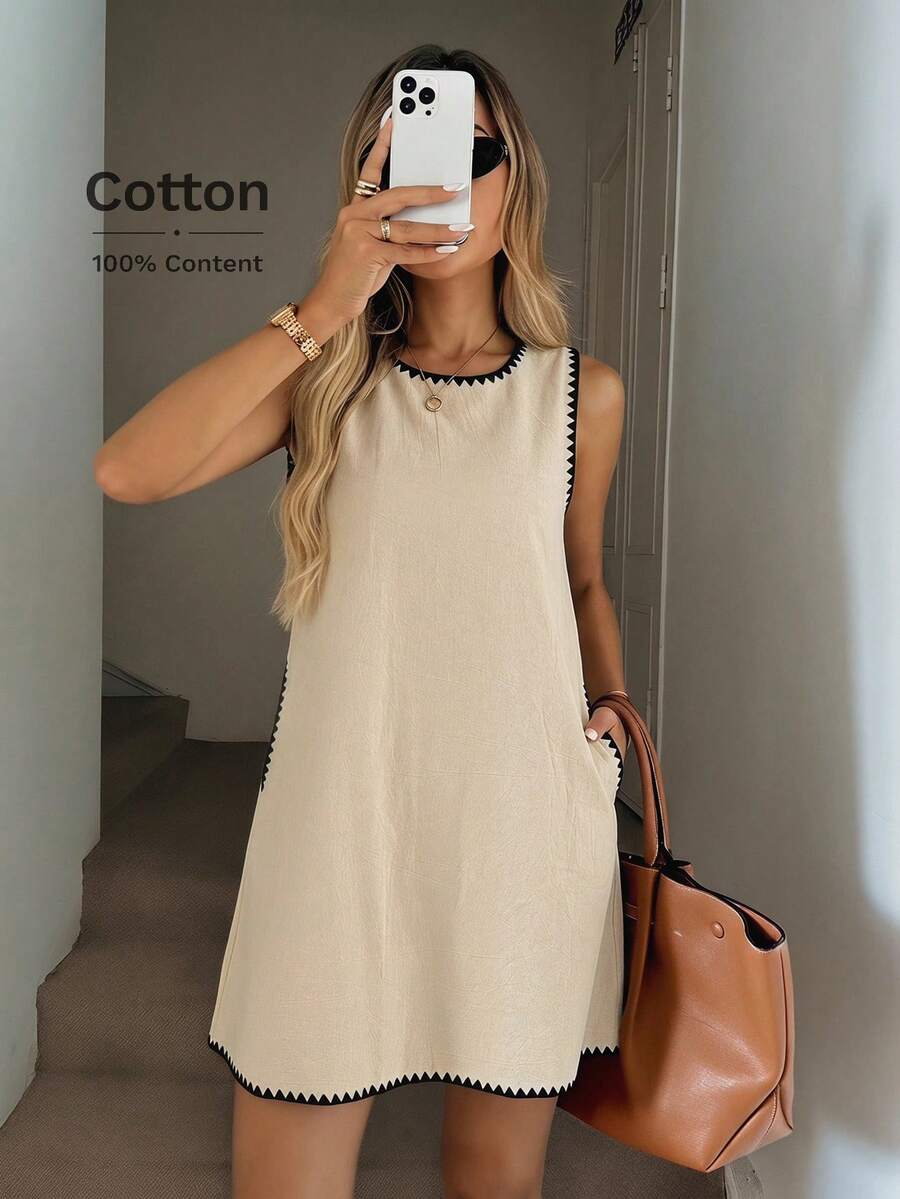 Easowa Đầm chữ A không tay cổ tròn, túi xéo, thêu họa tiết viền tương phản, chất liệu 100% cotton hữu cơ, thoải mái, thanh lịch, thích hợp cho công sở, nghỉ dưỡng, mùa xuân hè dành cho nữ. - Màu be - Xem 1