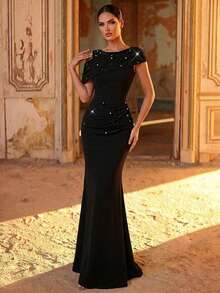 Serin Vestido elegante y lujoso con diseño de cuello modesto elástico y fruncido, mangas y bajo de cola de sirena, adecuado para bodas, fiestas, vacaciones, galas y ocasiones formales - Negro - Ver 5