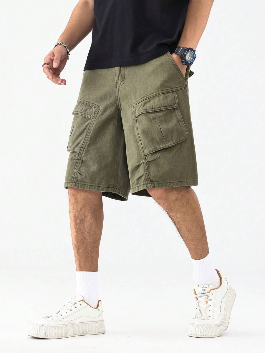 Chillumni Quần short denim nam màu xanh quân đội mùa hè, có túi hộp, kiểu dáng rộng rãi thoải mái. - xanh quân đội - Xem 1