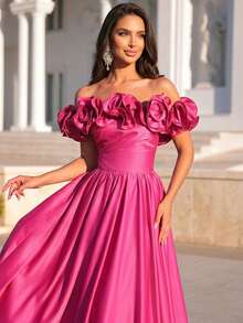 Glamrae Đầm satin sang trọng, thanh lịch với họa tiết hoa 3D, tay trễ vai, xếp ly, vạt rộng, thích hợp cho đám cưới, tiệc tùng, kỳ nghỉ, dạ hội và các sự kiện trang trọng (thêu cầu kỳ). - Màu Hồng Tươi - Xem 9
