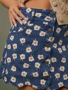 WESTFADE Scalloped Button Front Floral Print Denim Mini Skirt, Autumn, Fall, Female Country Look, Cowgirl, Rodeo, Concert, Back To School - Multicolor - View 4
