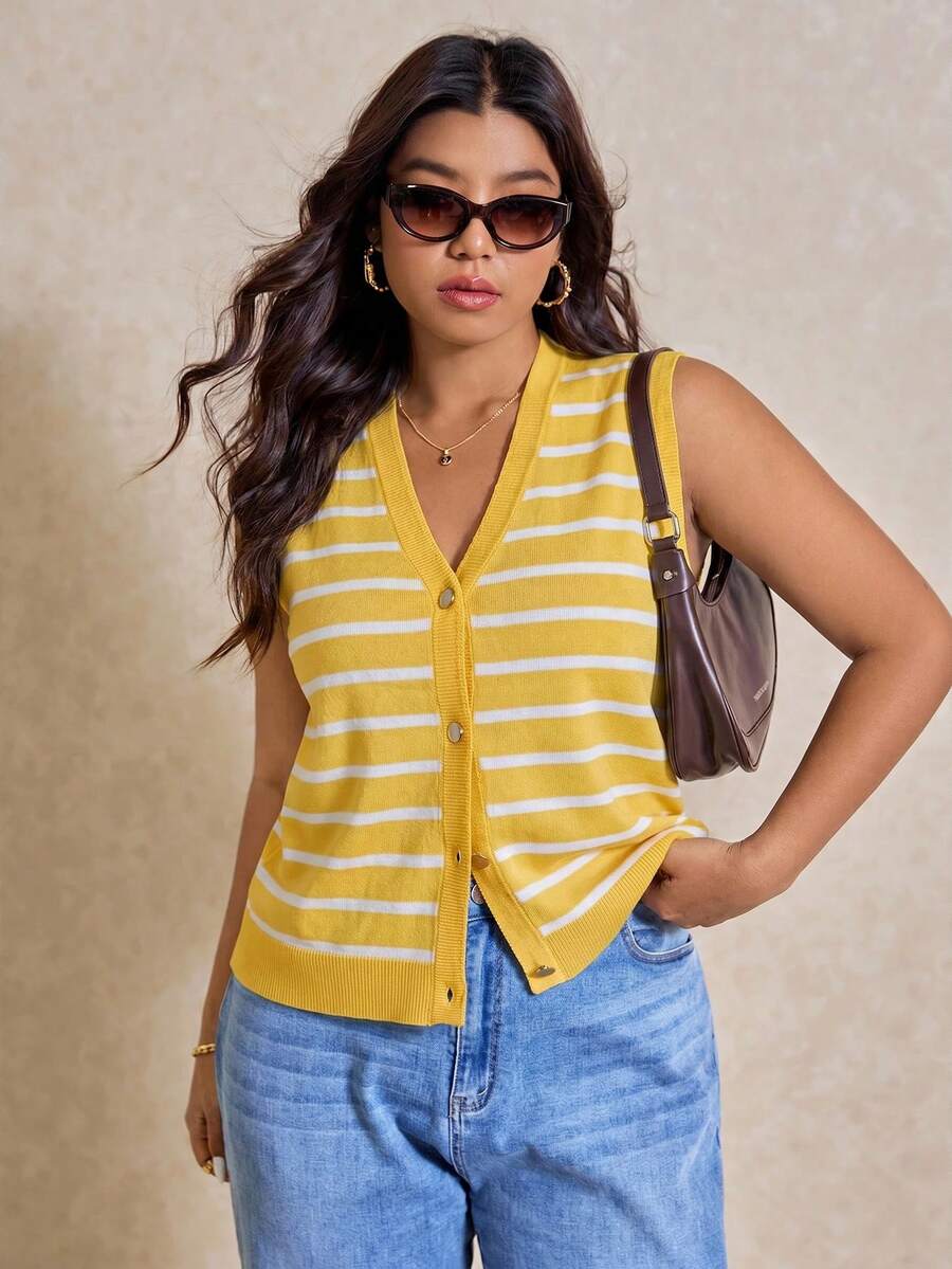 Elaquor Plus Size Women Striped Single-Breasted Casual Knitted Vest In Fall/Winter - Light Yellow - View 1
