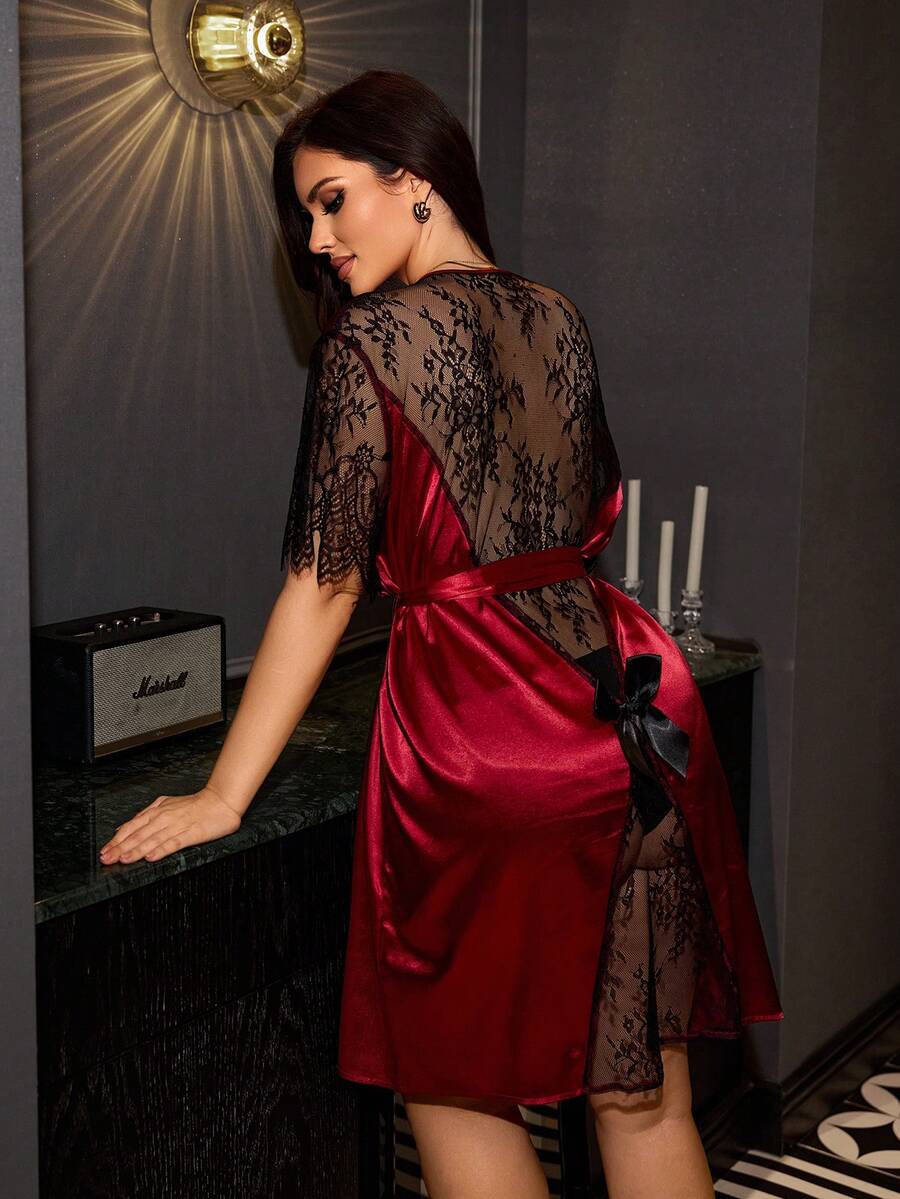 SilkySpell Plus Size Women Lace Patchwork Faux Silk Butterfly Decor Backless Sexy Robe - Burgundy - View 1