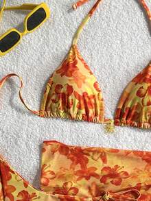 Swim Mod Bộ đồ đi biển mùa hè 3 món dành cho nữ: Áo bikini buộc dây cổ yếm họa tiết hoa, quần bikini buộc dây bên hông và váy bikini lưới xuyên thấu. - Nhiều màu - Xem 3