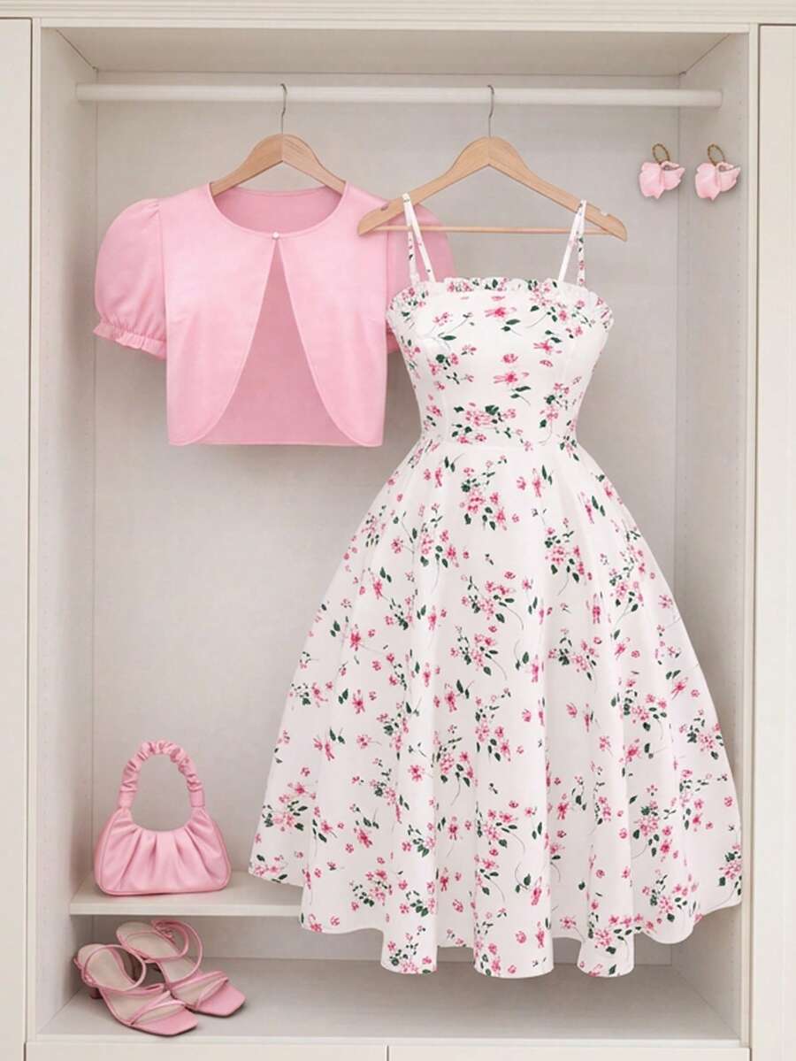 Franclia Bộ đồ 2 mảnh tối giản dành cho nữ cỡ lớn: Áo dệt kim màu trơn phối cùng váy slip in họa tiết; Áo khoác ngắn dành cho nữ cỡ lớn phối cùng váy slip in hoa, váy maxi dáng rộng thanh lịch Kcak2 Y2k, váy nữ in hoa, áo khoác bolero màu hồng cho Ngày của Mẹ. - Màu Hồng baby - Xem 1