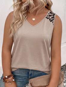 EMERY ROSE Women's Leopard Print V-Neck Casual Versatile Tank Top, New Arrival Spring/Summer - Khaki - View 1