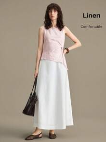 Ontre Blusa sin mangas de mezcla de lino 2026SS con diseño asimétrico retorcido, adecuada para vacaciones, fiestas, casual, trabajo, elegante, top corto morado rosa - Rosa - Ver 7