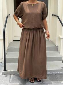 Dazy Plus Brown 2-Piece Set: Casual Round Neck Short Sleeve Top And Skirt, Vacation Style, Plus Size For Spring/Summer - Brown - View 6