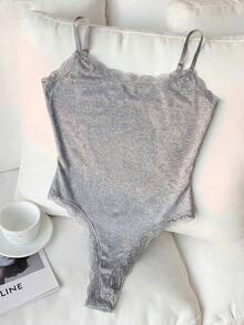 Comfortcana Women's Lace Patchwork Casual Bodysuit, Light Gray - Light Grey - View 4