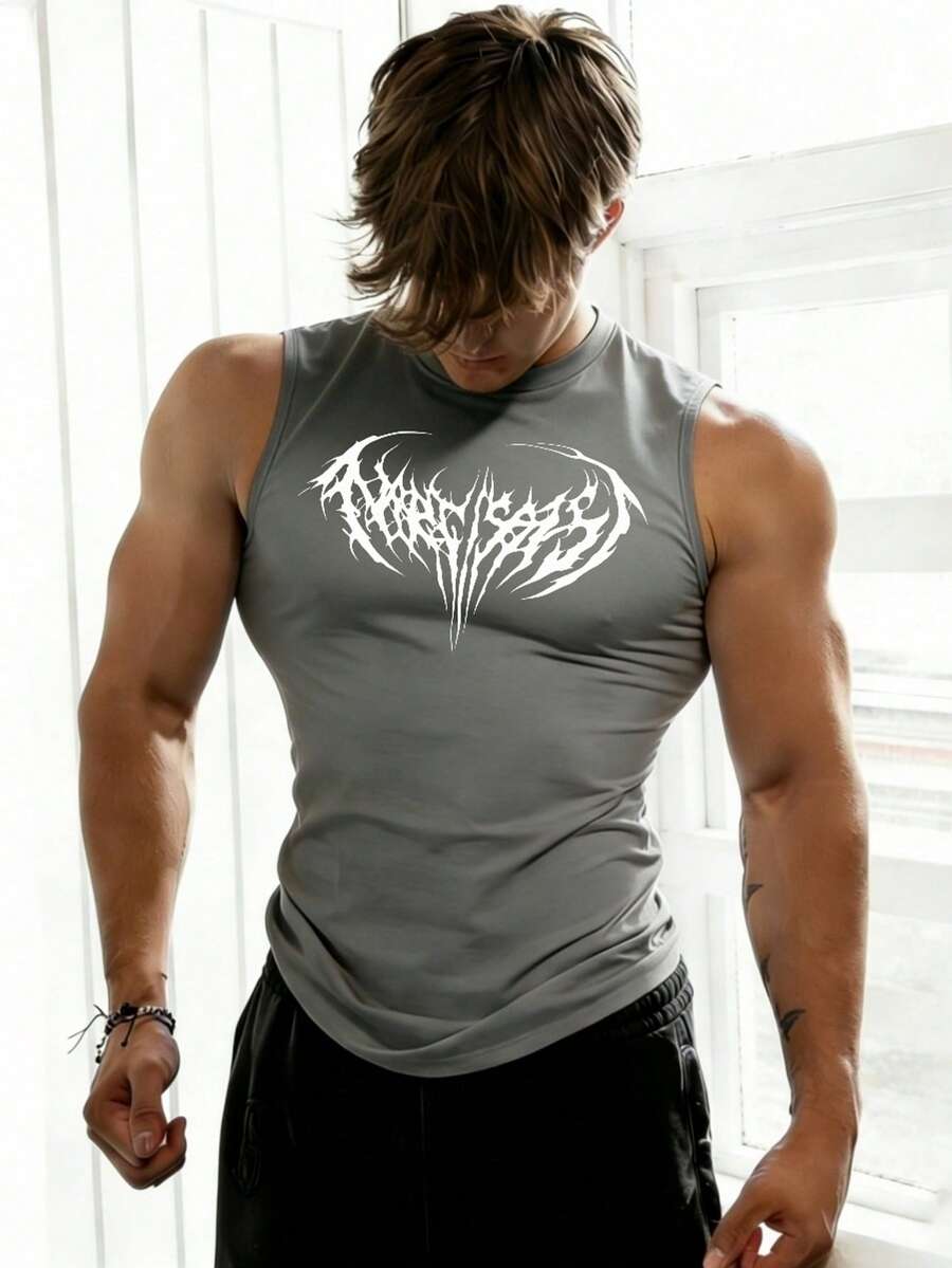 GymBeat Áo tank top thể thao nam không tay, cổ tròn, dáng ôm, in họa tiết, thích hợp cho mùa hè. - Màu xám đen - Xem 1