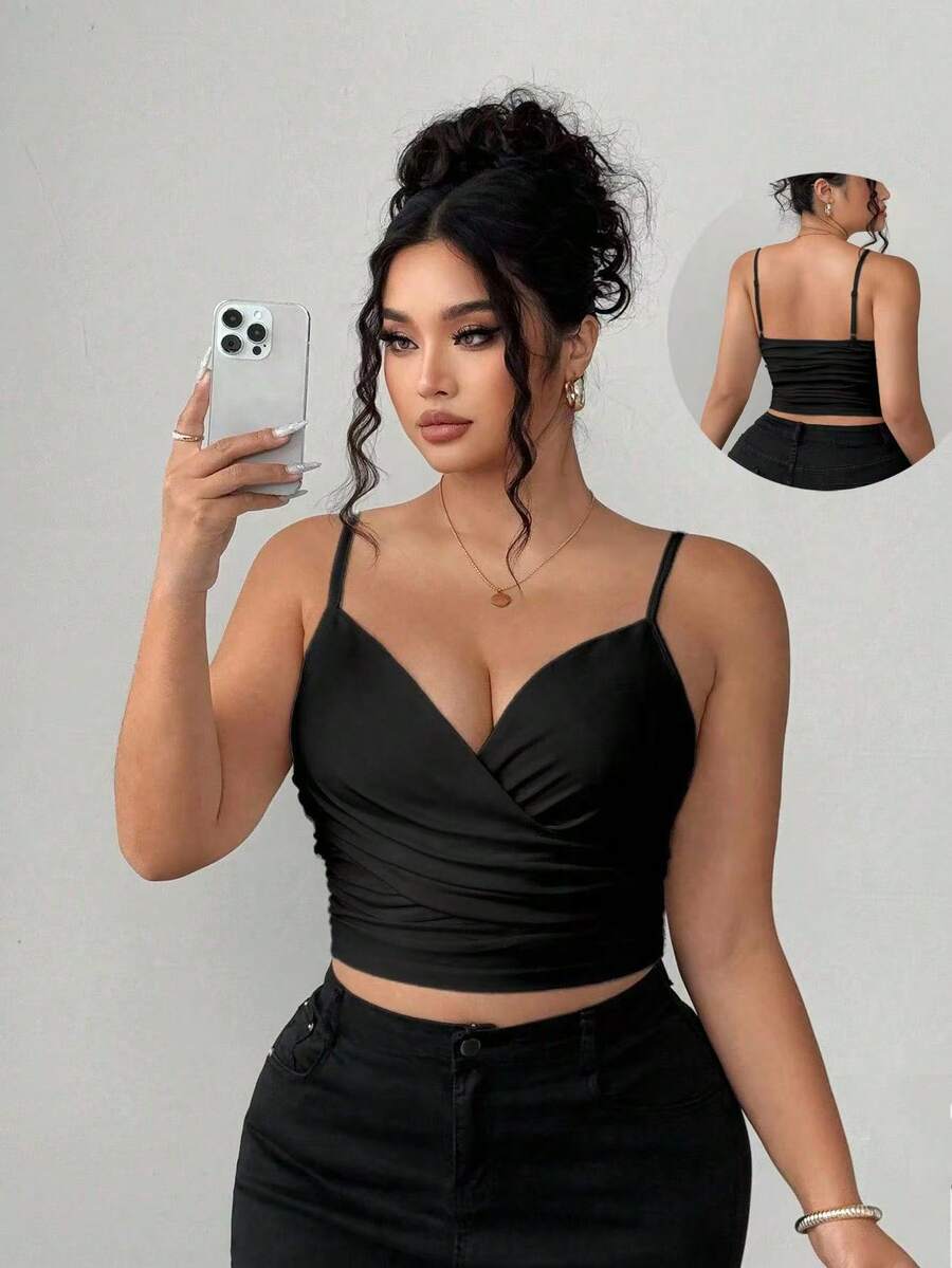 Elenzga Áo ba lỗ dây chéo tối giản màu trơn cỡ lớn dành cho nữ - màu đen - Xem 1