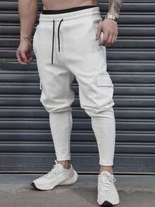 Manfinity Roughcore Men Flap Pocket Drawstring Waist Sweatpants Long Cargo Sweat Plain All White Casual - White - View 3